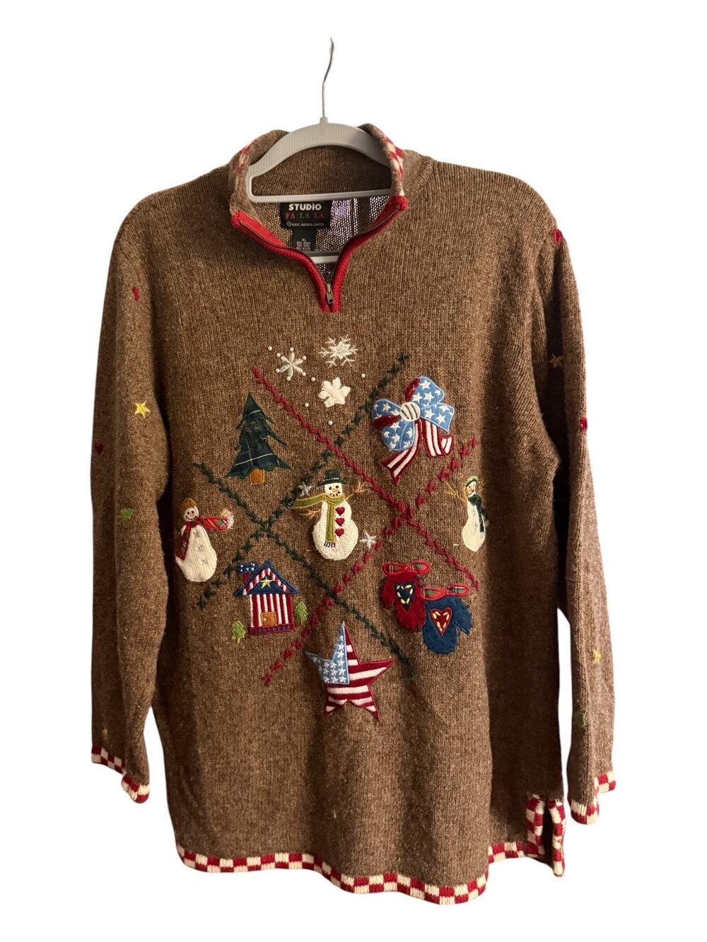 Vintage Studio FA LA LA XL Patriotic Christmas Sweater Snowman Americana